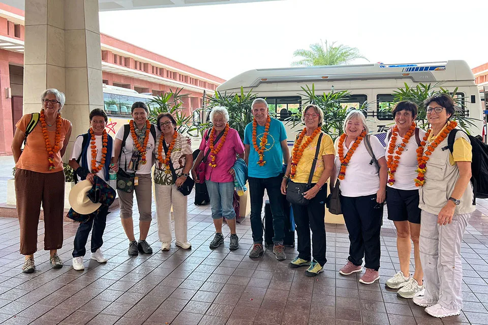 An elderly woman with a gray bun, wearing an orange top and a pink and white sari, squats behind a stall, arranging various types of fish, including a row of silvery fish, on a black counter at a brightly lit, busy indoor market.