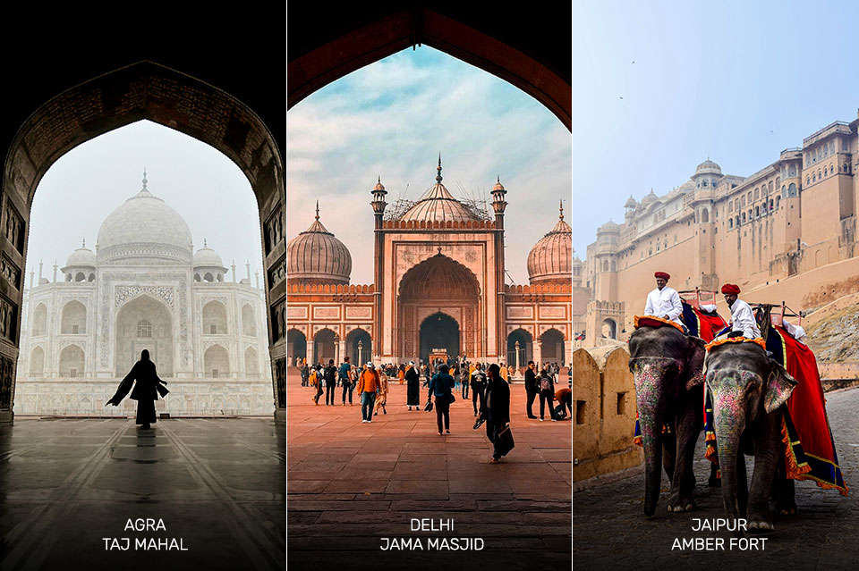 A scenic collage of India’s Golden Triangle showing Delhi monuments, Agra’s Taj Mahal, and Jaipur’s Amber Fort, perfect for 2026 tour packages.