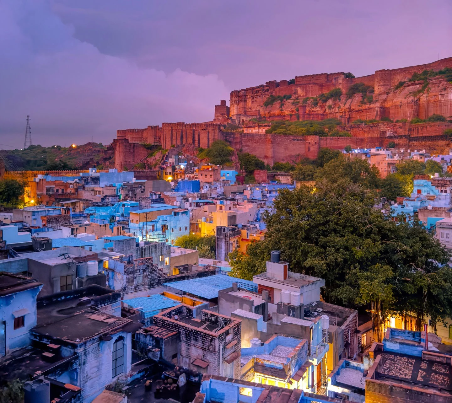 Panoramic sunrise view of Mehrangarh Fort towering over Jodhpur city in Rajasthan