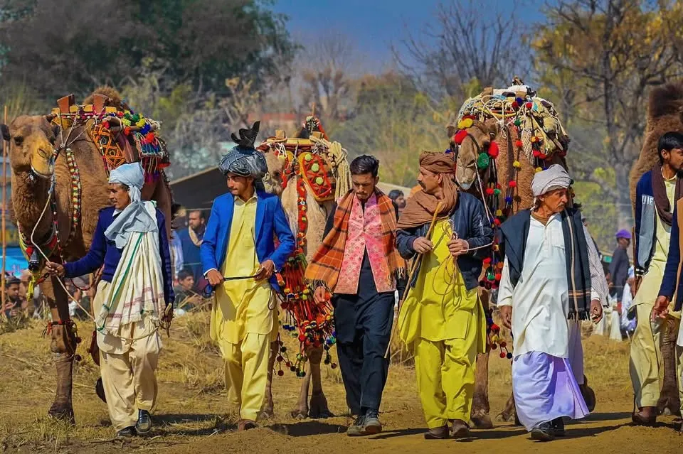 Colorful camel parade at Rajasthan Camel Festival showcasing desert culture and folk traditions